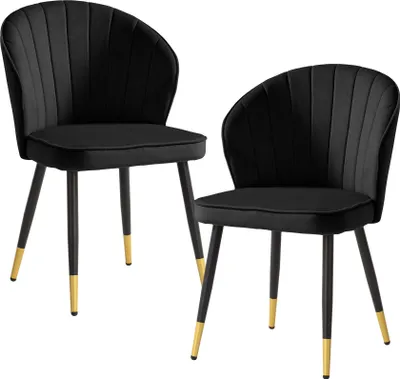 Productafbeelding van WOHNLING Eetkamerstoel, set van 2, fluweel, zwart, keukenstoel met metalen poten, schaalstoel, Scandinavische gestoffeerde stoel met stoffen bekleding, beklede stoel