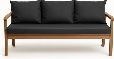 A studio shot of a three-seater outdoor sofa with dark gray cushions.