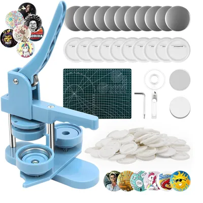 Button-Maschine 58 mm, 100 Zubehörteile, Kreisschneider, Schneidematte, blau