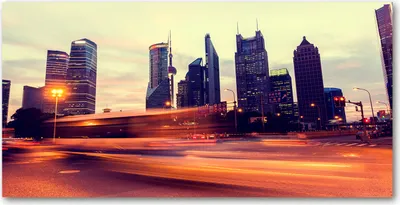 Produktbild von Tulup® Glas-Bild - 100x50 -Wandkunst - Wandbild hinter gehärtetem Sicherheitsglas  - Sehenswürdigkeiten & Architektur - Shanghai bei Nacht - Orange