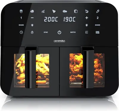 Imagen del producto de - Freidora de aire de doble zona de 9 litros - con 2 compartimentos - capacidad XXL, 2 bandejas – ventana de visualización con iluminación - freidora de aire - pantalla táctil - sistema de circulación de aire 3D - revestimiento antiadherente - cestas aptas para lavavajillas