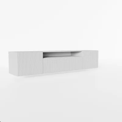 Produktbild von TV-Schrank Fernsehschrank TV-Lowboard 200 cm vertikal gefräste Fronten modernes Design dreitürig Wohnzimmer Wandmontage (Farbe: weiß, weiß)
