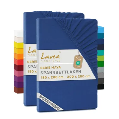 Produktbild von Lavea® 2er Pack Spannbettlaken 180/200x200 cm, Jersey Bettlaken 100% Baumwolle – Boxspringbetten, Wasserbetten, Matratzen bis 35 cm – Royalblau