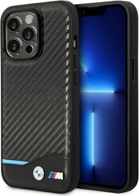 Produktbild von BMW Schutzhülle iPhone 14 Pro, Leder Carbon, Schwarz, Stoßfest, Blue Line, klassisch-elegant