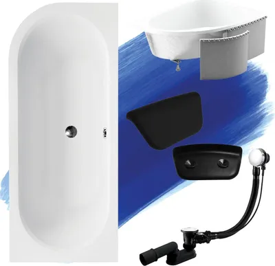Produktbild von Badewanne Eckwanne Set 5in1 180x80 Rechts + Premium Ablaufgarnitur und Füßen GRATIS + Verkleidung (Styropor) + Kopfstütze Schwarz | BADLAND AVITA