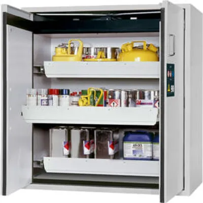 Produktbild von Sicherheitsschrank Typ 90 - Tür-Schließautomatik - ca. 1,3 x 1,2 x 0,6 m (HxBxT) - 2 Wannenböden - lichtgrau - Edelstahl