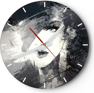 Produktbild von Wanduhr - Rund - Glasuhr - Frau Gesicht - 30x30cm - Schleichendes Uhrwerk - Lautlos - zum Aufhängen bereit - Dekoration Modern - Wanddekoration aus Glas - C3AR30x30-3757