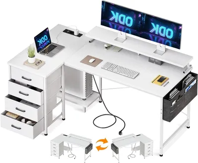 Imagen del producto de Escritorio de esquina en forma de L - Mesa para ordenador y espacio de trabajo - Organización para trabajar desde casa - Estación de carga integrada - 140x80 cm - Blanco
