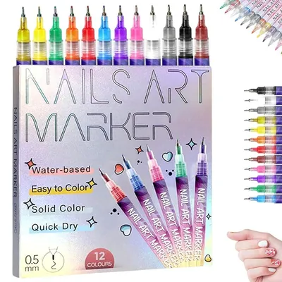 Produktbild von 12pcs Nail Art Marker , Nagellack Stifte, 0,5 mm Metallspitze, wasserfest, Acrylfarben, Schnell trocknend, für Kinder, Damen & Mädchen