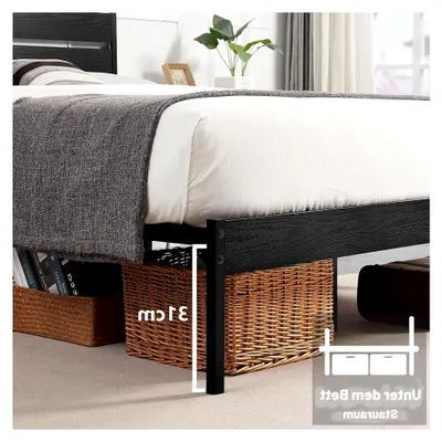 Produktbild von Bettgestell 140 x 200 cm, Metallbett mit Holz-Kopfteil und Lattenrost, Doppelbett mit Stauraum, Schwarz