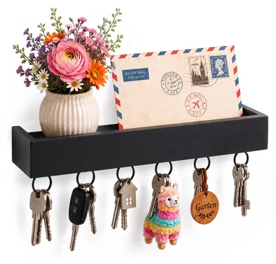 Produktbild von Relaxdays Schlüsselbrett, 6 Haken, Schlüsselhalter mit Ablage, modern, HBT: 5 x 26 x 7 cm, Wandmontage, Bambus, schwarz