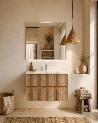 Immagine prodotto di Mobile bagno 60x46 Panama cannettato rovere naturale con lavabo e specchio