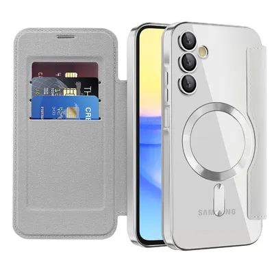 Produktbild von Klapphülle für Samsung Galaxy A15 Kompatibel mit Magsafe, Klar Überzug Kartenhalter Ledertasche mit Kameraschutz Silber