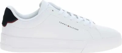 A white Tommy Hilfiger sneaker with black and red accents on a white background.