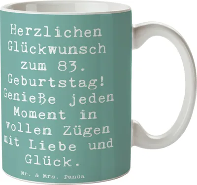 Produktbild von Mr. & Mrs. Panda Kaffeetasse Spruch 83. Geburtstag Liebe Glück - Meeresbrise - Geschenk, Happy Birthday, Geburtstagsfeier 83 Jahre, Tasse mit, Kaffeebecher, Keramikbecher