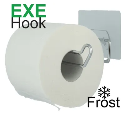 A roll of toilet paper is mounted on a hook attached to a wall.