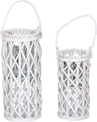 Produktbild von 2er Set Laterne Windlicht H40cm H31cm Weiß Holz Weiden Kerzenhalter Garten