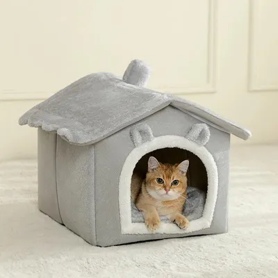 Produktbild von Katzenhaus Katzenbett Katzenhöhle Grau 37 x 31 x 33 cm Katzenkorb Tierbett Kuschelbett für kleine Katzen bis 5 kg weich geschlossen