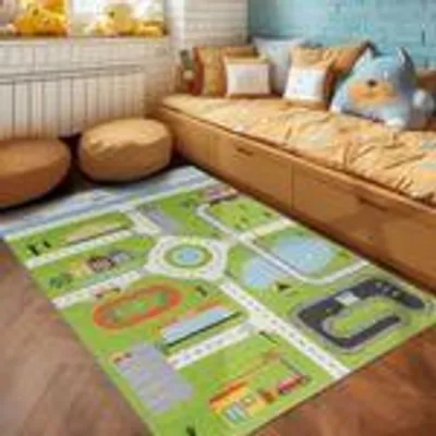 Produktbild von Kinderzimmer Teppich Spielmotiven Design Kinderteppich  Babyzimmer Teppiche Spielteppich für Jungen und Mädchen Teppich, Grün-1 Größe: 100 x 150 cm