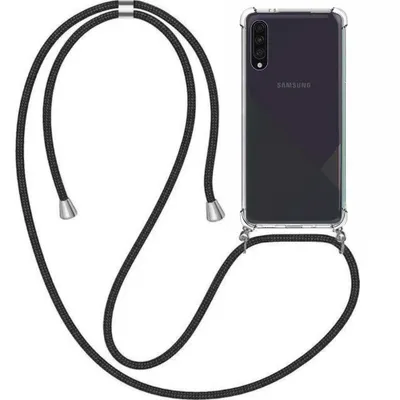 A Samsung A30s smartphone with a clear case and a black lanyard is displayed against a white background.