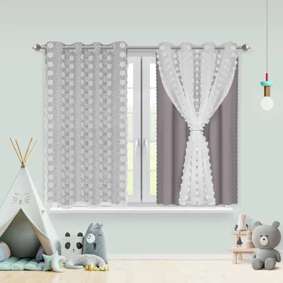 Produktbild von Vorhang mit PomPom und Tüll Doppelschichtige Ösen Vorhänge Gardinen für Kinderzimmer, Grau, 132x160cm
