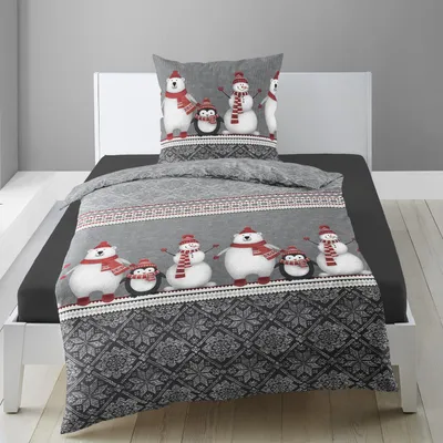 Produktbild von Bierbaum Biber Bettwäsche 135x200 Schneemann Eisbär Pinguin grau rot 3667-10