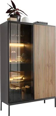 Produktbild von MIRJAN24 Vitrine Sento WTSZ104, Wohnzimmer Standvitrine mit 2-Drehtüren und Schublade, LED-Beleuchtung, Schwarze Untergestell aus Metall (Farbe: Schwarz Graphit / Wotan)