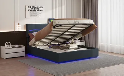 Produktbild von Bett 140x200 mit LED und USB(Unterstützt Kabelloses), Polsterbett 140x200cm mit Kopfteil und Stauraum, Doppelbett mit Lattenrost, Stauraumbett Jugendbett Modernes Bettgestell aus Polyurethan-Schwarz