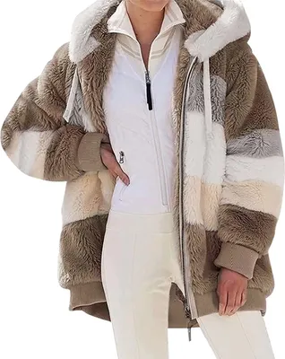 Produktbild von ASKSA Damen Fleecejacke Strickjacke Einfarbig Reißverschluss Kunstpelzjacke mit kapuze, A-Khaki, L