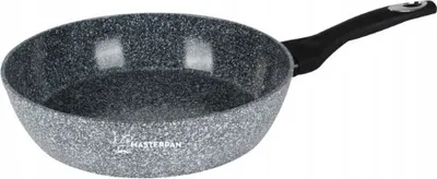 A gray frying pan with a black handle is shown against a white background.