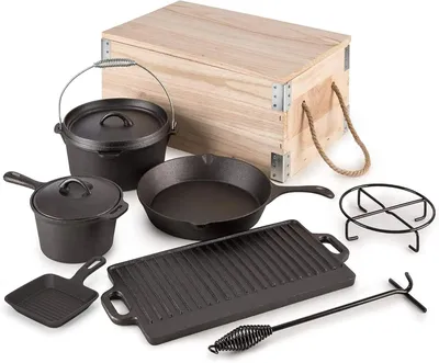 Image de Ensemble de cocotte en fonte - Poêle en fonte - Ensemble de cuisson pour l'extérieur - Poêles pour camping - Plaque de cuisson - Fonte pré-assaisonnée