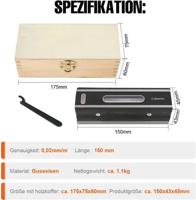 Immagine prodotto di Livella a bolla di precisione - Livella da macchinista 150 mm - 0,02 mm/m - Meccanica - Acciaio legato - Con custodia in legno