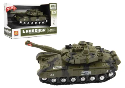 Produktbild von Tankmodell, 20 cm, mit Schwungrad, Batteriebetrieb, mit Licht und Sound, in einer Schachtel mit den Maßen 24x16x11 cm