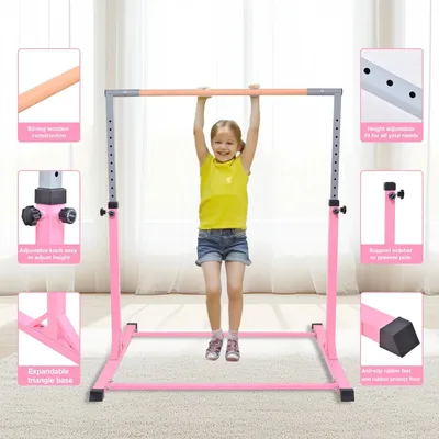 Produktbild von Kinder Turnreck - Indoor Gymnastikstange - 13-fach Höhenverstellbar - Bis 200 kg Belastbar - Für Heimtraining - Rosa