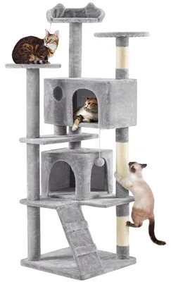 Image de Yaheetech, arbre à chat de 178 cm, grand et stable, avec 2 cachettes, couleur gris clair