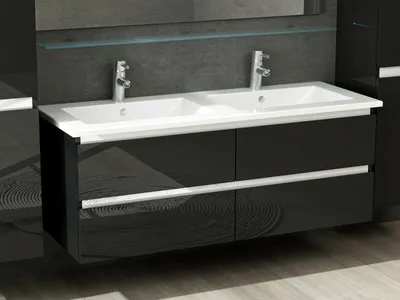 Produktbild von 120 cm Badmöbel Set Schwarz Hochglanz Doppel Waschbecken Badezimmermöbel 120 cm 2x Hochschrank 1x Spiegel 1x Waschbecken Unterschrank 1x Keramik