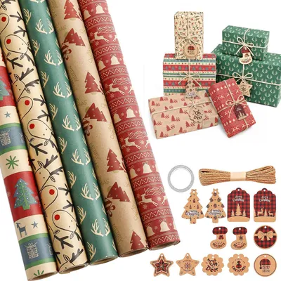 Zdjęcie produktu dla Zestaw papieru do pakowania prezentów świątecznych – 5 rolek papieru kraftowego o wymiarach 3 m x 43 cm, 24 zawieszki do prezentów, taśma klejąca i sznurek jutowy