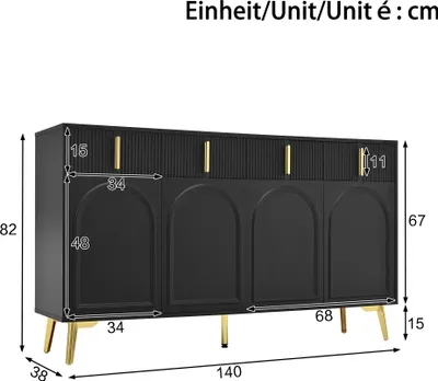 Image de OKWISH Buffet Noir - Meuble de Rangement Moderne avec 4 Portes et 4 Tiroirs, Étagères Ajustables, Structure en MDF, 140x38x82 cm