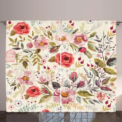 Produktbild von ARANDE Shabby Flora Gardine, Aquarell-abstrakte Frühlings-Mohnblumen-Blumen-Rosen-Knospen verlässt romantischen Druck, 280 x 175 cm, Mehrfarbig