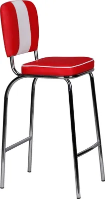 A red and white bar stool with a chrome frame.
