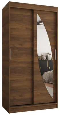 Produktbild von Kryspol - Kleiderschrank mit Spiegel - Schwebetürenschrank - Kleiderschrank 100 cm Breit x 200cm(H) x 62cm(T), 2 Türen, Laminierte Möbelplatte,  MILO 100, Nussbaum Warmia, Griff: Silber