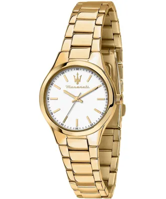 A close-up studio shot of a gold-colored Maserati watch with a white dial, presented against a white background.