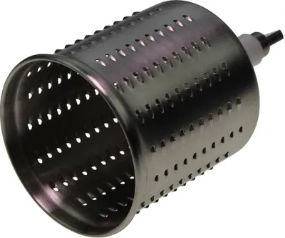 A close-up studio shot of a metal grater attachment with many small holes.