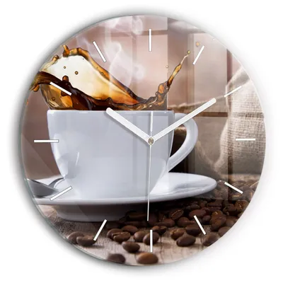Produktbild von Wallfluent Wanduhr – Stilles Quarzuhrwerk - Uhr Dekoration Wohnzimmer Schlafzimmer Küche - Zifferblatt mit Striche - weiße Zeiger - 30 cm - Eine Tasse Kaffee