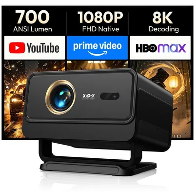 Imagen del producto de Proyector inteligente 4K de 700 lúmenes ANSI, Full HD 1920x1080, con Android 14, WiFi, Bluetooth, HDMI, USB. Proyector portátil para cine en casa con enfoque automático y control mediante aplicación
