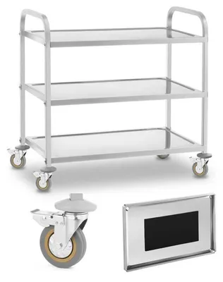 Image de Chariot de service en acier inoxydable, équipé de 3 étagères robustes et de 4 roues avec freins, idéal pour les restaurants et les bureaux