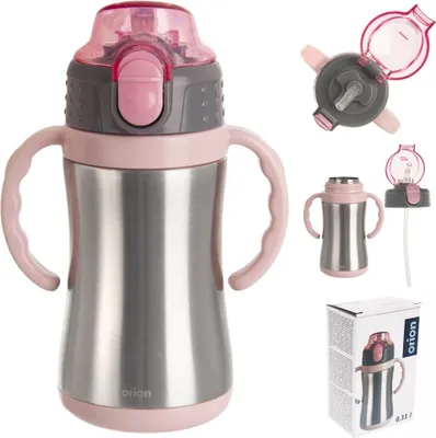 A collage of images showing a children's insulated cup with handles and a straw lid, along with its packaging and different views of the lid mechanism.