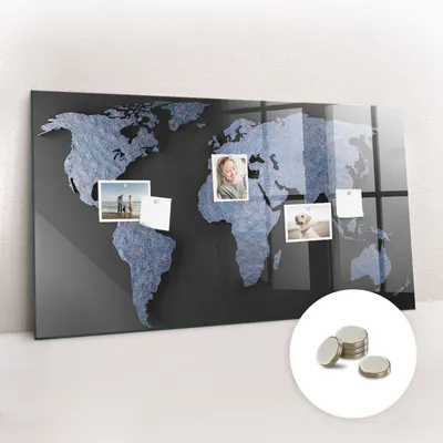 Obrázok produktu pre Magnetická tabuľa na stenu - Memo Tabuľa Sklenená - vrátane 5 magnetov - 120x60 cm - Mapa sveta 3D