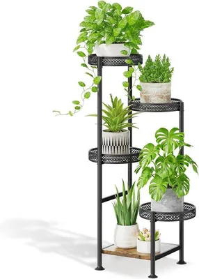 Immagine prodotto di Portavasi in metallo per più piante, moderno espositore per piante con ripiano in legno per soggiorno, terrazzo, giardino