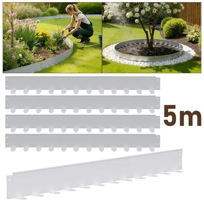 Produktbild von Ikodm Flexible Rasenkante 100x10 cm, 5m Set (5 Stück) - Mähkante & Beetumrandung aus Stahl, inkl. Befestigungsheringe für Pflastersteine & Gartengestaltung, Silber